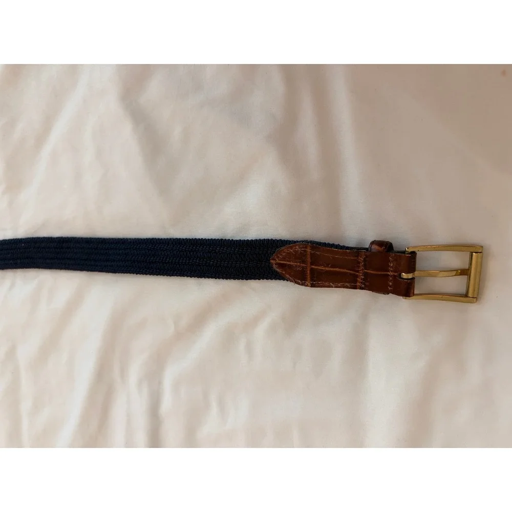 Navy Blue Woven Stretch Belt Brown Crocodile Embossed Leather Trim Gold Buckle